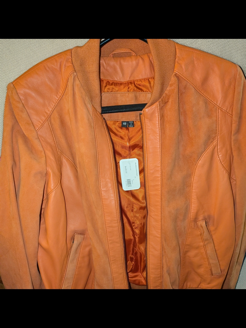 Vintage Vibe Cigno Nero Orange Genuine Leather Bomber Jacket - Size 40